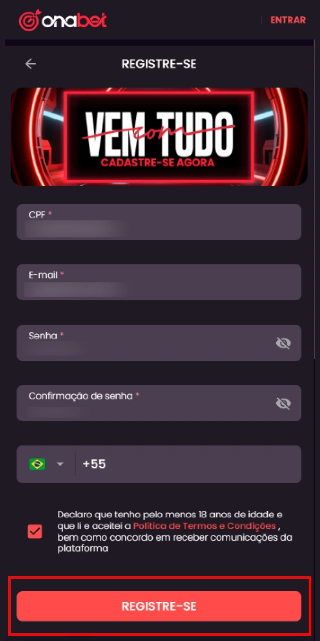 Preenchendo o formulário para criar uma nova conta de usuário no app Onabet Brasil.