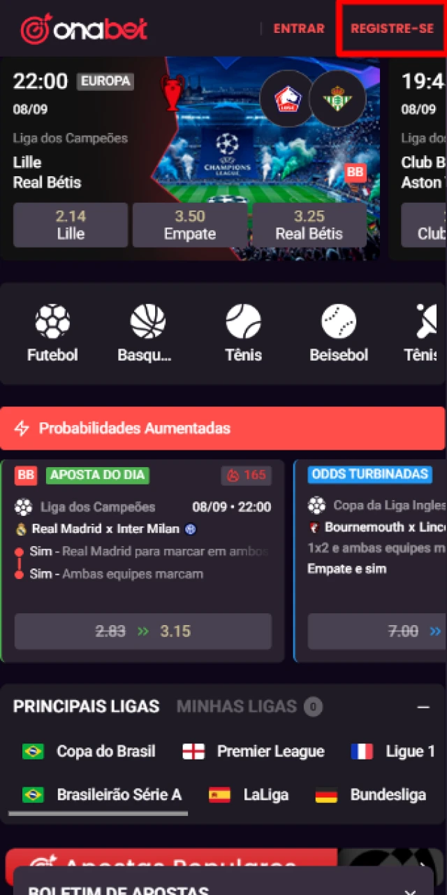 Clicando no botão de cadastro para criar uma nova conta no aplicativo Onabet.