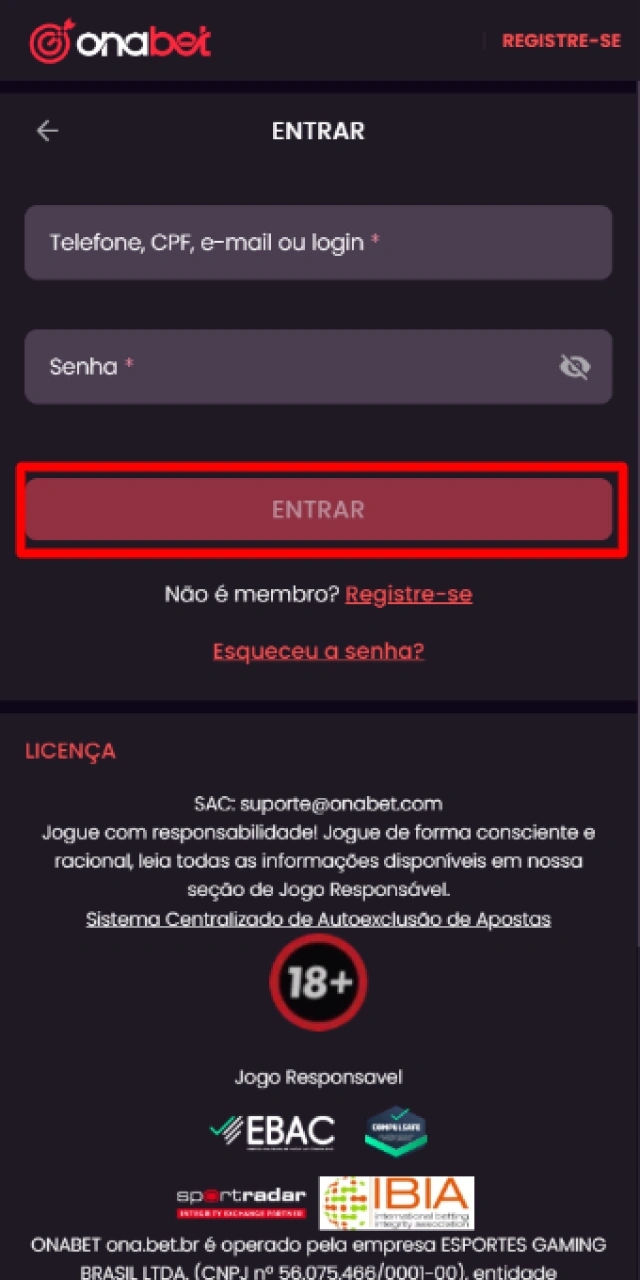 Clicando no botão de entrar para confirmar o login e acessar a conta na Onabet Brasil.