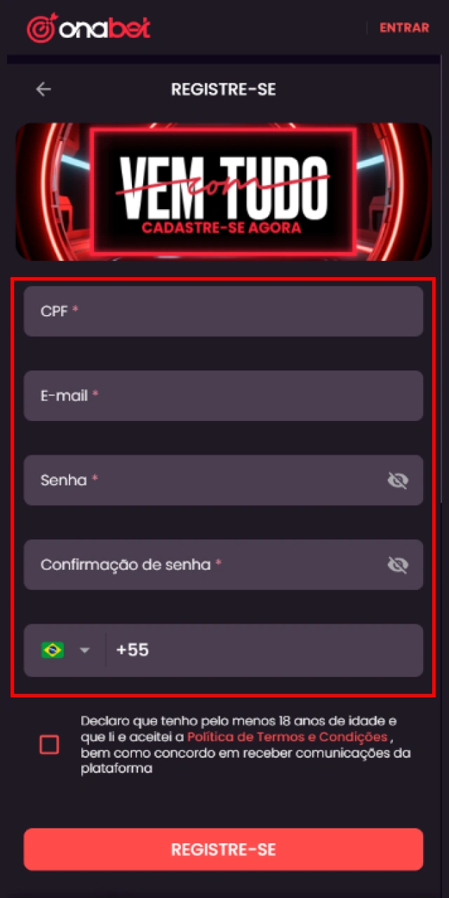 Preenchendo o formulário de inscrição com dados pessoais no aplicativo Onabet Brasil.