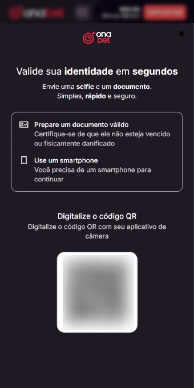 Envio de documentos de identificação com foto para validação da conta na Onabet Brasil.