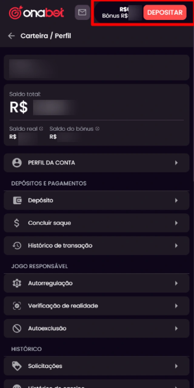 Entrando na área financeira e selecionando a opção de depósitos na plataforma Onabet.